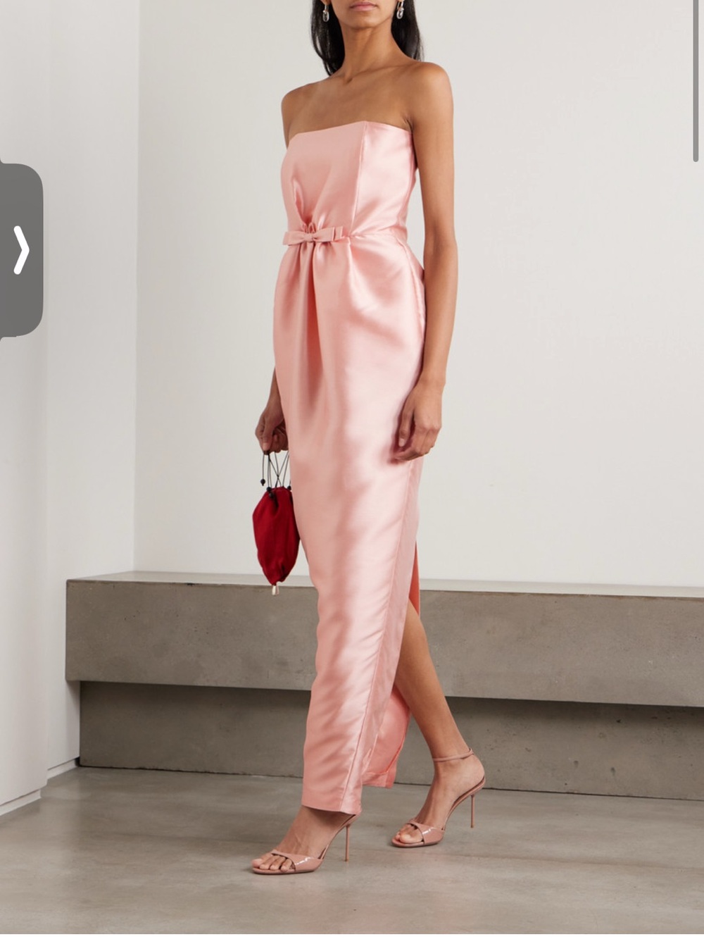 Strapless Blush Pink Satin Midi Dress with Waist Bow